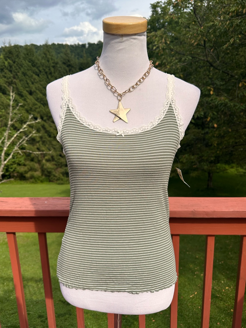 Aerie Olive & Cream Striped Lace-Trim Camisole